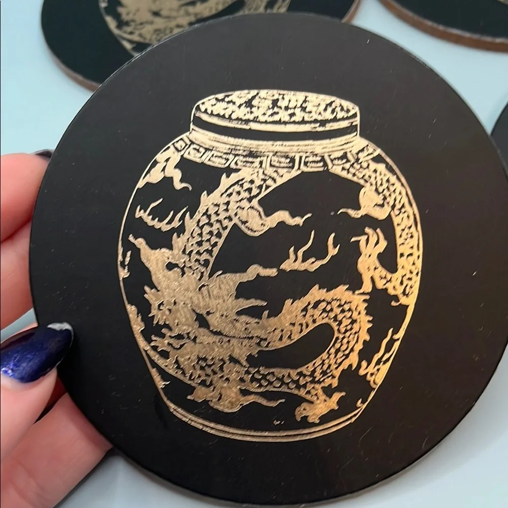 *3 for $15 item* Elegant Pinyin Press Black and Gold Ginger Jar Coasters Set - Picture 2 of 6